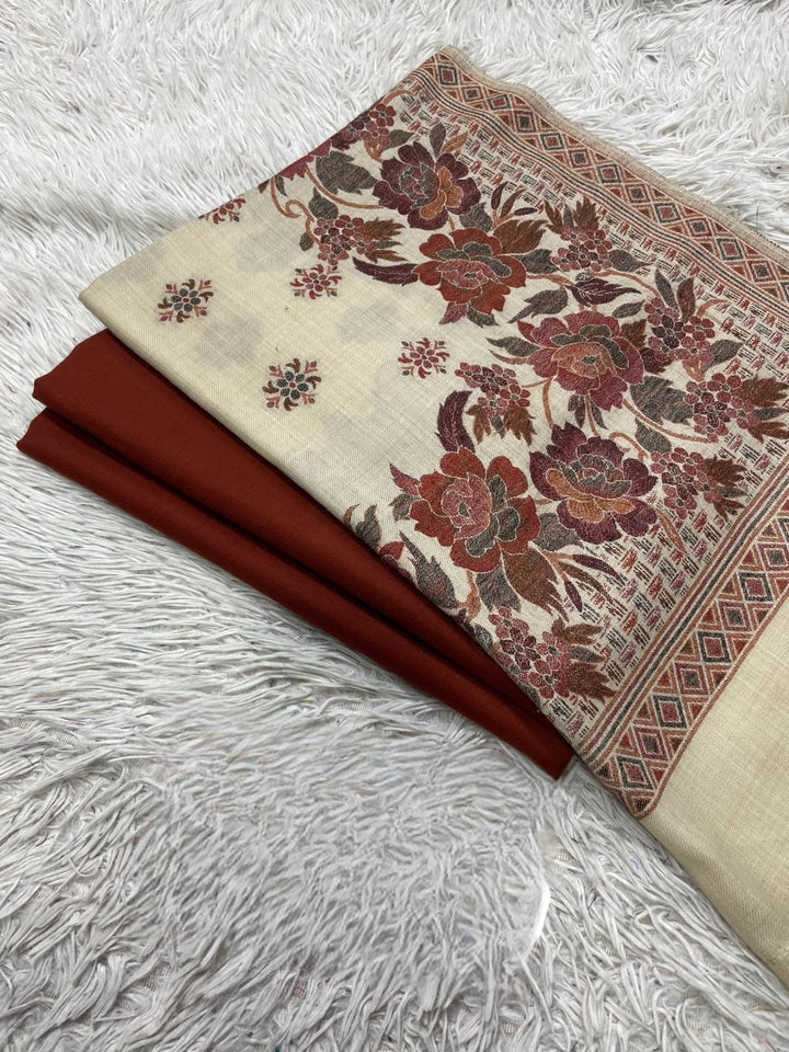 Pashmina 3PC Suit with Kashmiri Embroidered Shawl – Design 14 (Ivory & Rust)