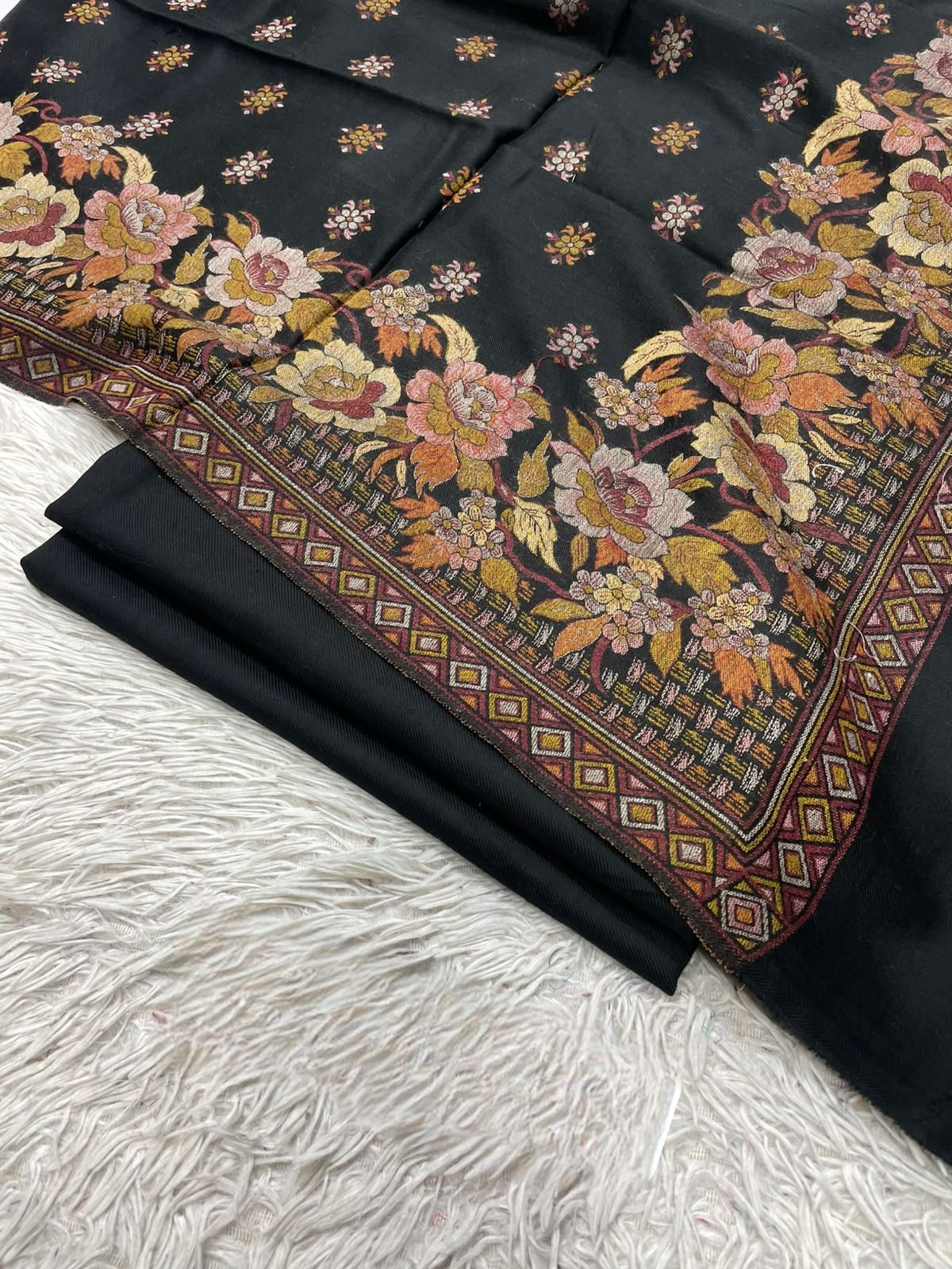 Pashmina 3PC Suit with Kashmiri Embroidered Shawl – Design 16 (Black Floral)