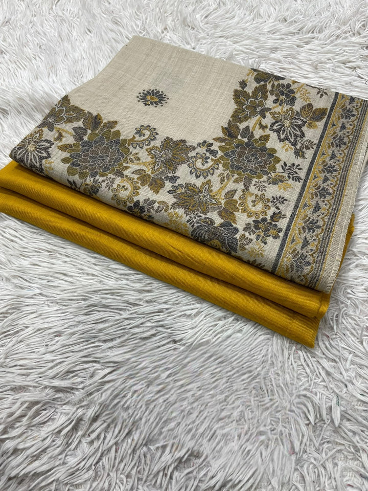 Pashmina 3PC Suit with Kashmiri Embroidered Shawl – Design 17 (Beige & Mustard)