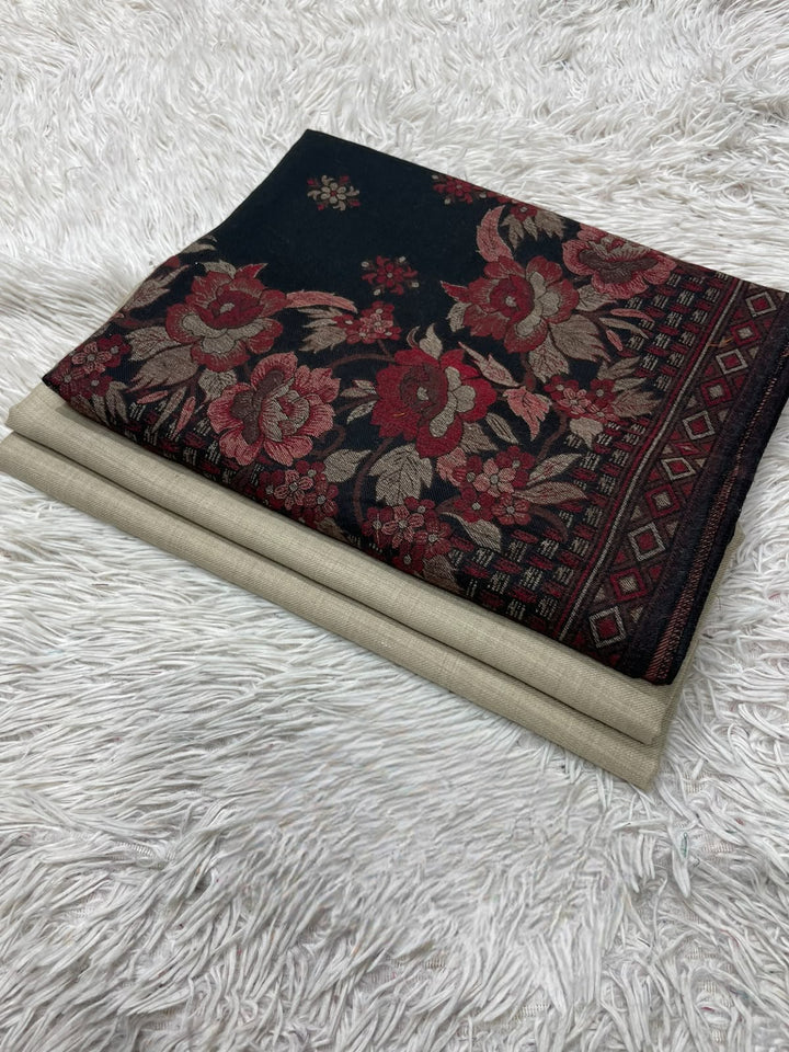 Pashmina 3PC Suit with Kashmiri Embroidered Shawl – Design 18 (Black & Beige)
