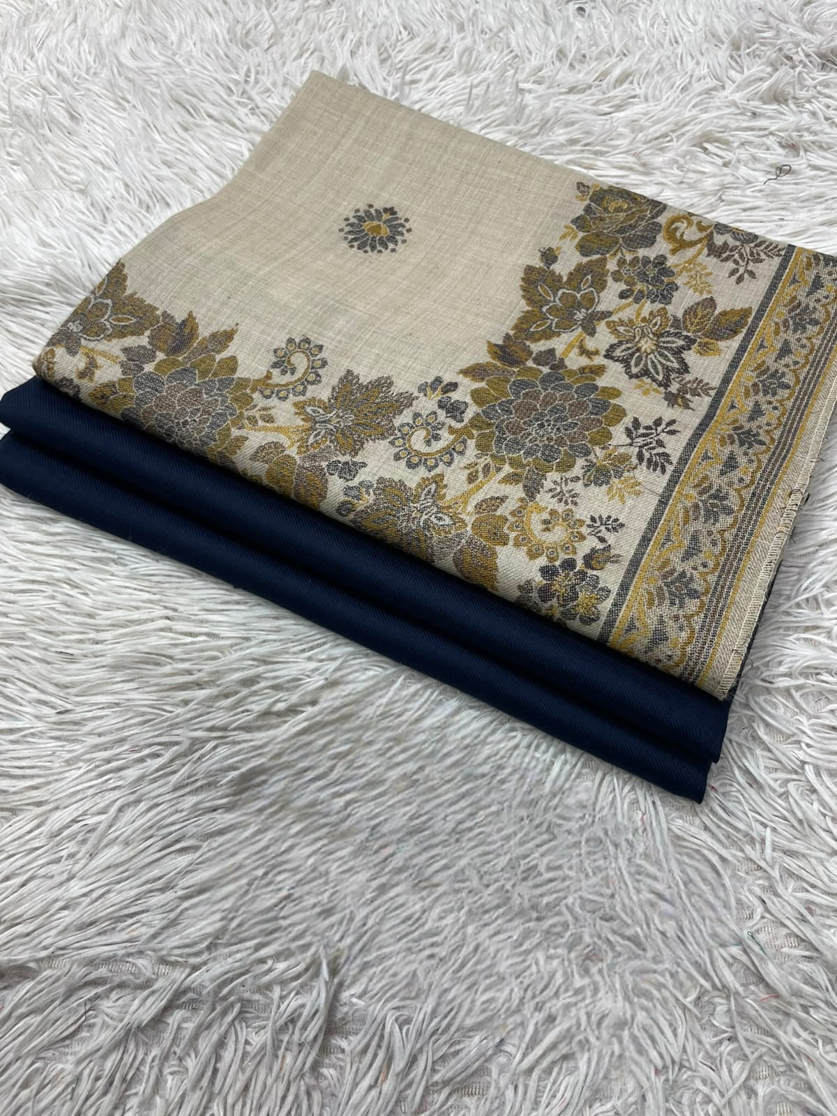 Pashmina 3PC Suit with Kashmiri Embroidered Shawl – Design 19 (Beige & Navy Floral)