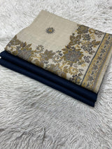Pashmina 3PC Suit Design 19 Beige & Navy Floral