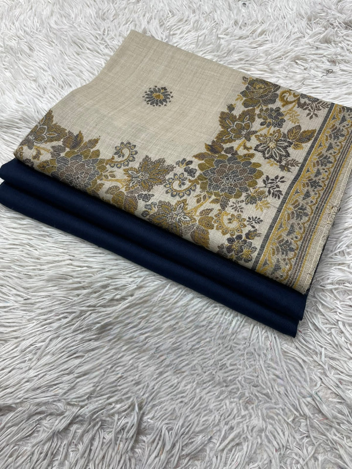 Pashmina 3PC Suit with Kashmiri Embroidered Shawl – Design 19 (Beige & Navy Floral)