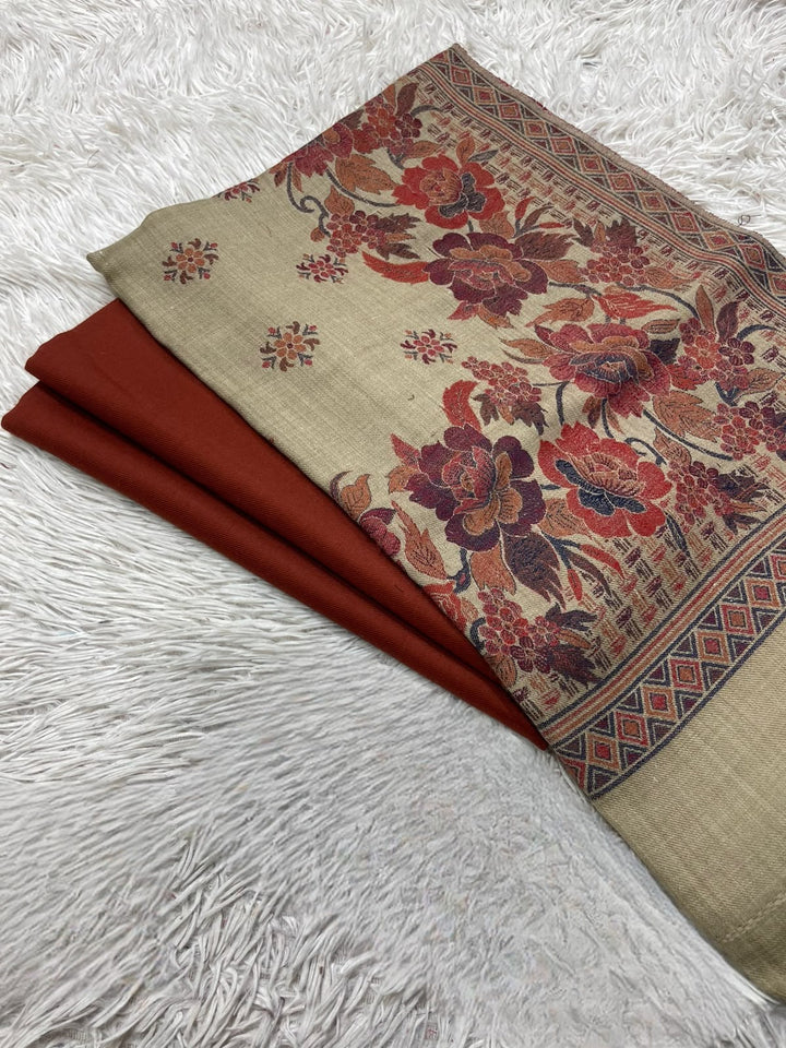 Pashmina 3PC Suit with Kashmiri Embroidered Shawl – Design 20 (Beige & Rust Floral)