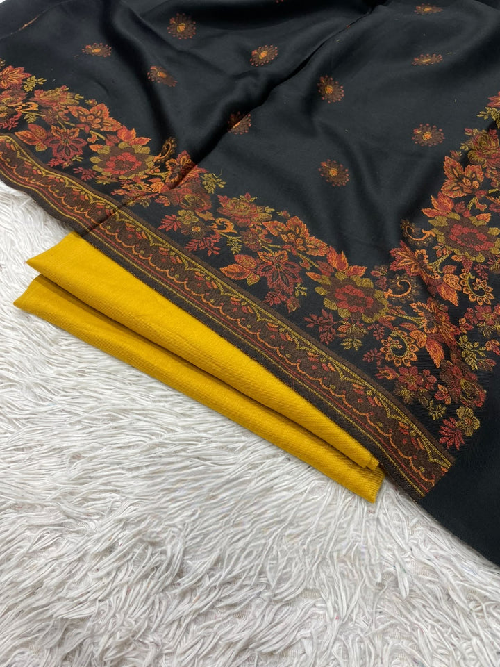 Pashmina 3PC Suit with Kashmiri Embroidered Shawl – Design 21 (Black & Mustard)