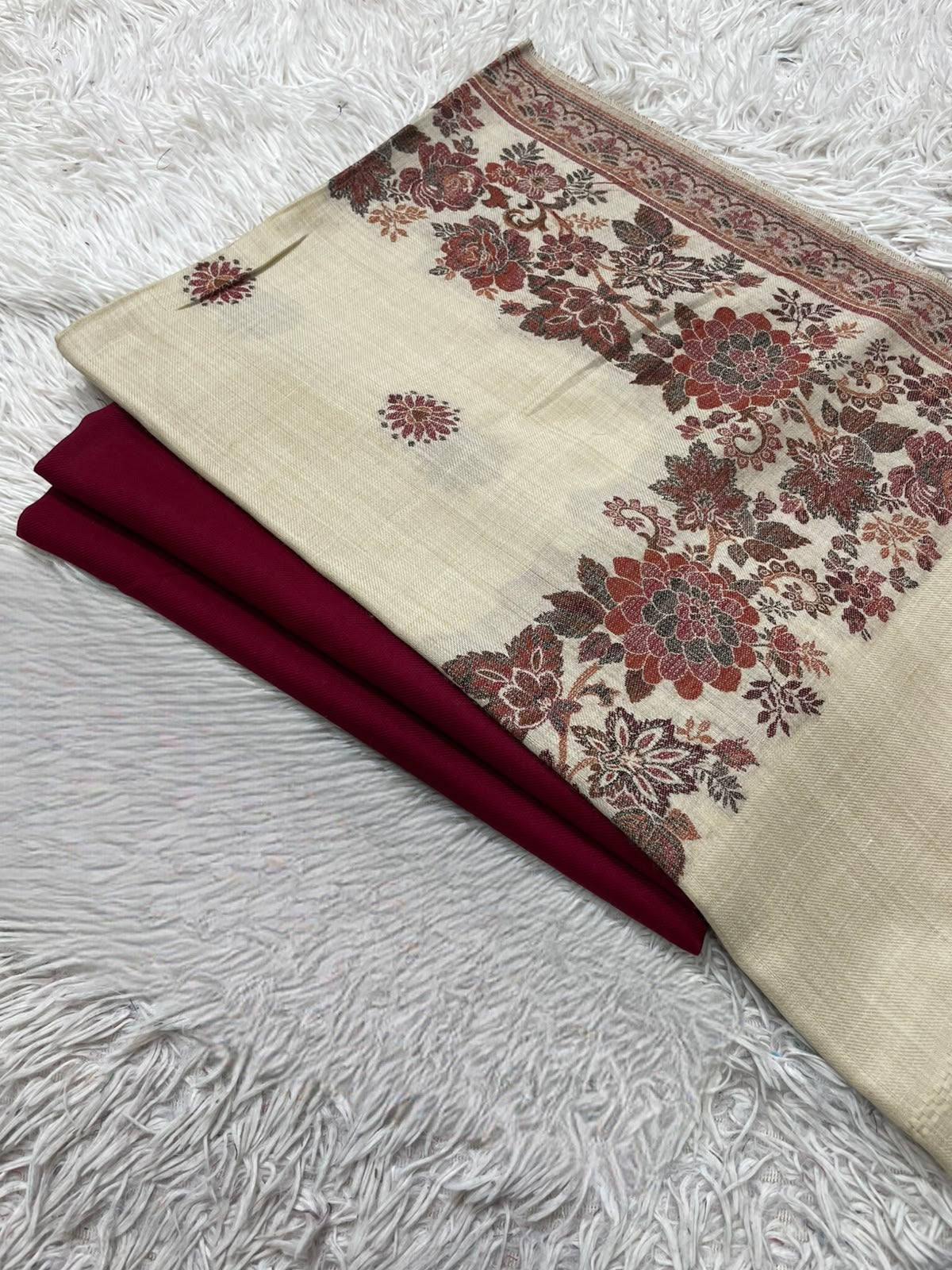 Pashmina 3PC Suit with Kashmiri Embroidered Shawl – Design 22 (Ivory & Maroon)
