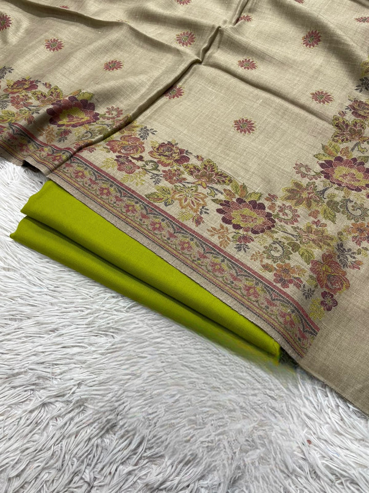 Pashmina 3PC Suit with Kashmiri Embroidered Shawl – Design 23 (Beige & Lime)