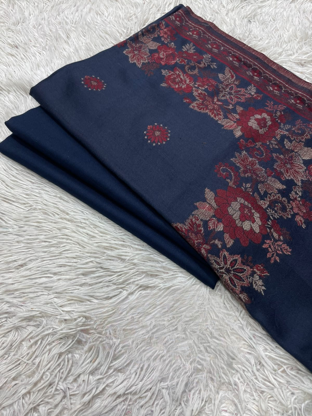 Pashmina 3PC Suit with Kashmiri Embroidered Shawl – Design 24 (Navy & Blue)