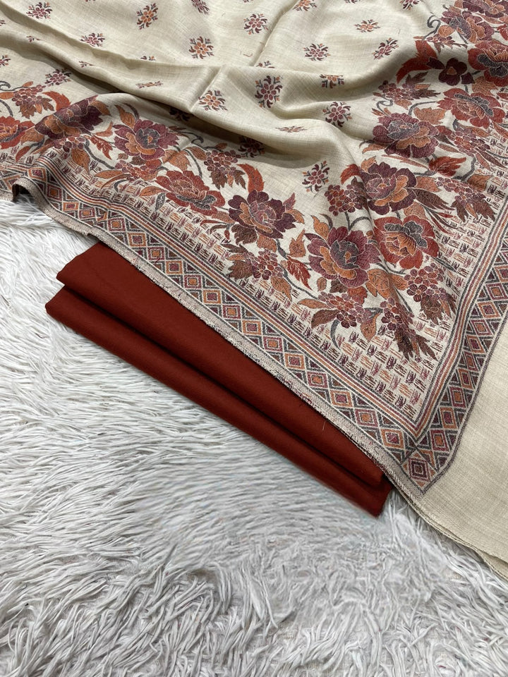 Pashmina 3PC Suit with Kashmiri Embroidered Shawl – Design 25 (Ivory & Rust Floral)