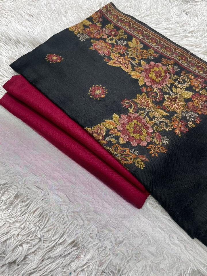 Pashmina 3PC Suit with Kashmiri Embroidered Shawl – Design 26 (Black & Red)
