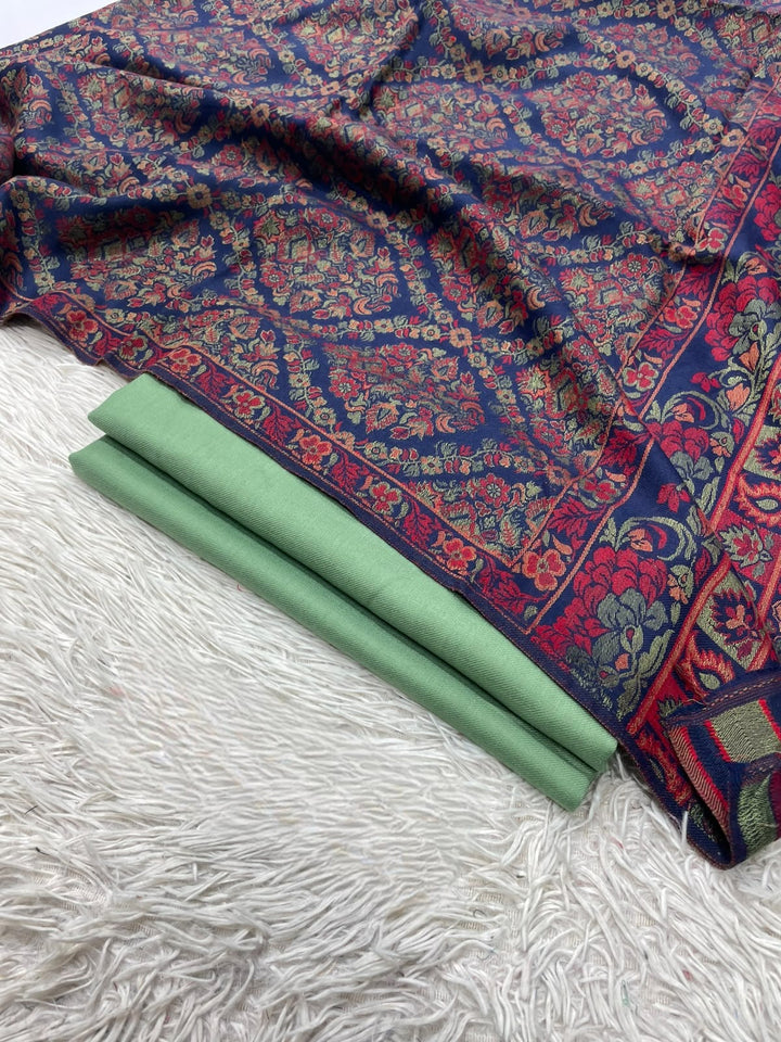 Pashmina 3PC Suit with Kashmiri Embroidered Shawl – Design 27 (Jamawar & Mint)