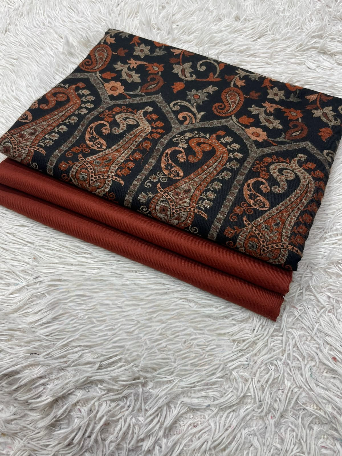 Pashmina 3PC Suit with Kashmiri Embroidered Shawl – Design 28 (Black Paisley & Rust)