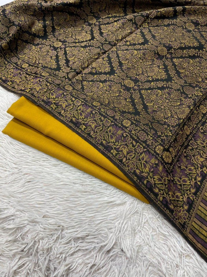 Pashmina 3PC Suit with Kashmiri Embroidered Shawl – Design 30 (Black Gold & Mustard)