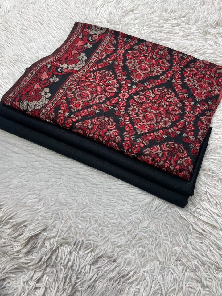 Pashmina 3PC Suit with Kashmiri Embroidered Shawl – Design 32 (Red & Black Jamawar)