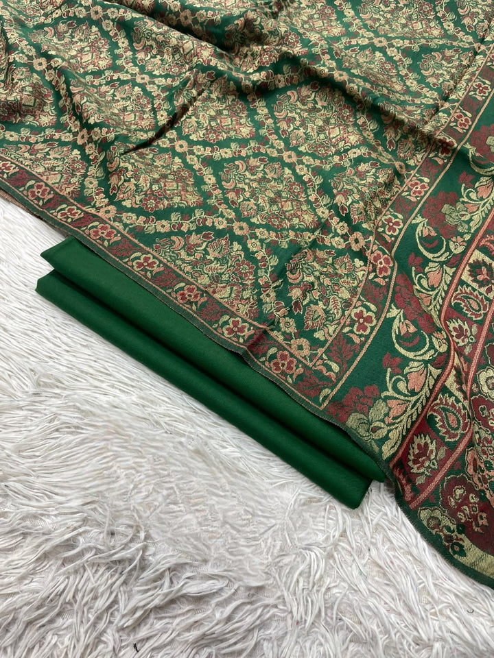Pashmina 3PC Suit with Kashmiri Embroidered Shawl – Design 33 (Green & Gold Jamawar)