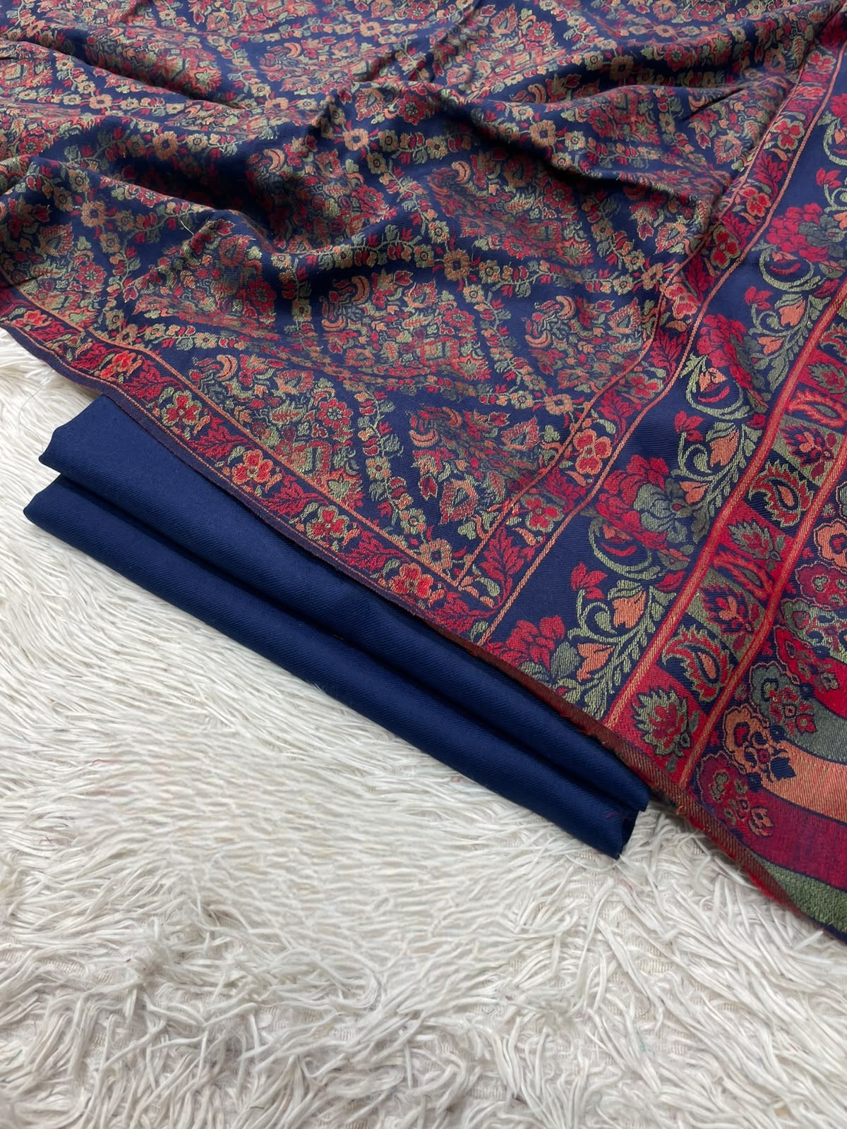 Pashmina 3PC Suit with Kashmiri Embroidered Shawl – Design 34 (Blue Jamawar & Navy)