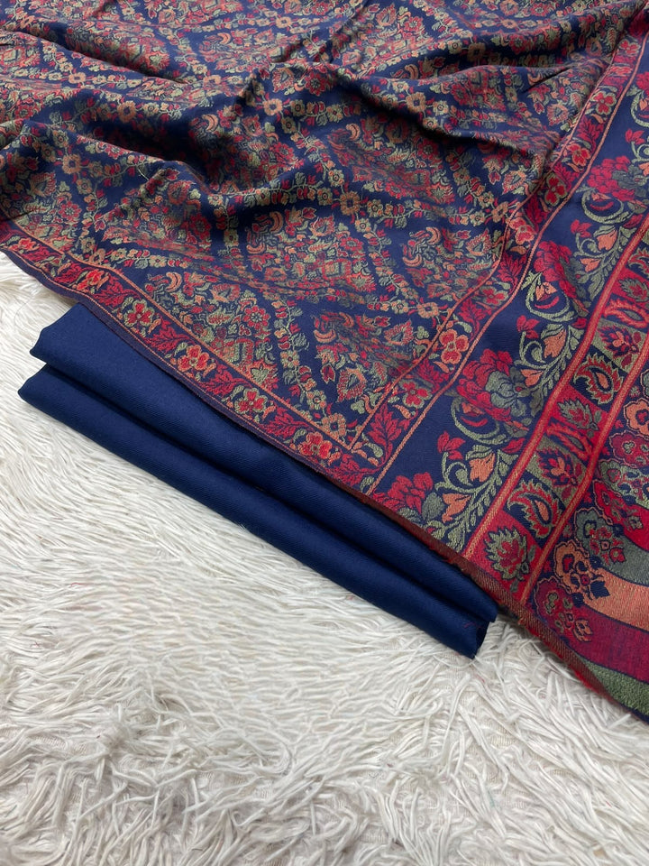 Pashmina 3PC Suit with Kashmiri Embroidered Shawl – Design 34 (Blue Jamawar & Navy)
