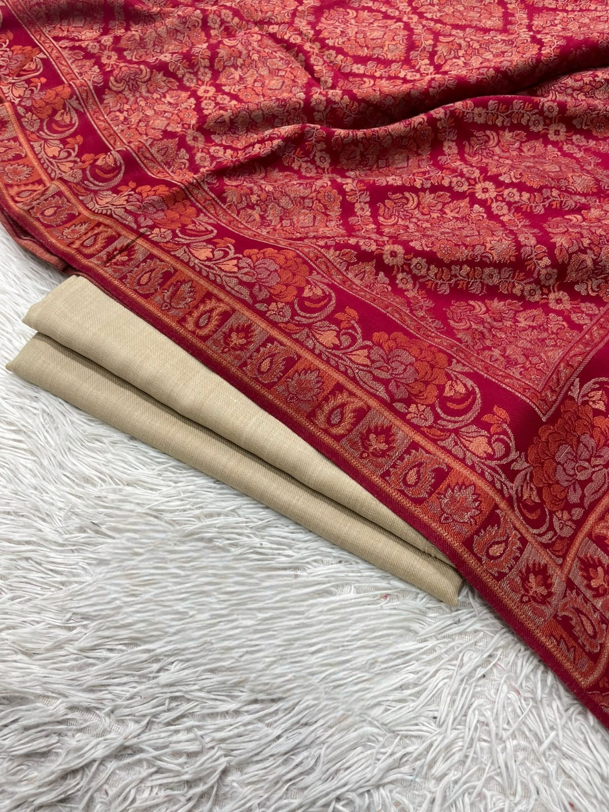 Pashmina 3PC Suit with Kashmiri Embroidered Shawl – Design 36 (Red & Beige)