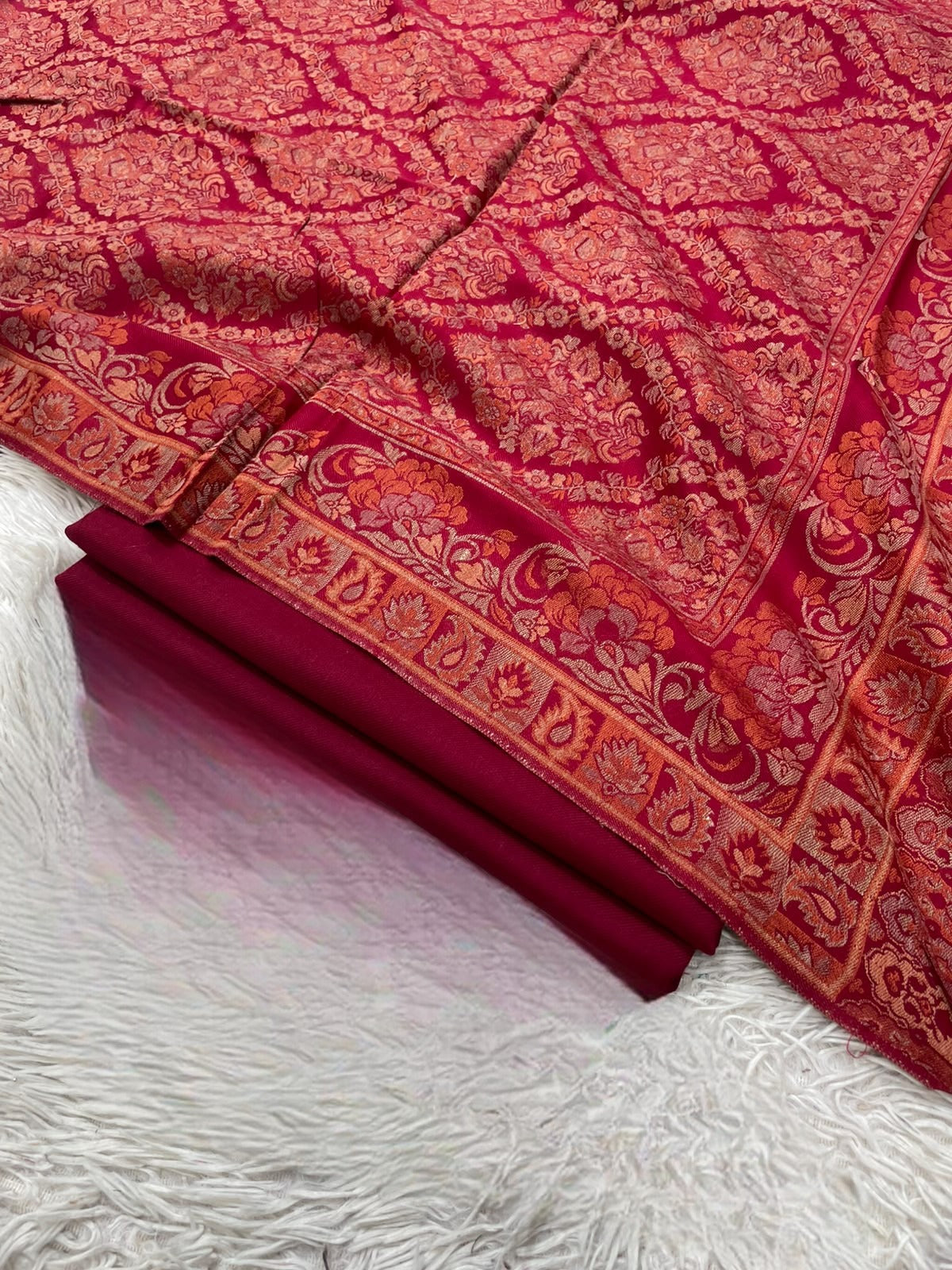 Pashmina 3PC Suit with Kashmiri Embroidered Shawl – Design 37 (Red & Maroon)
