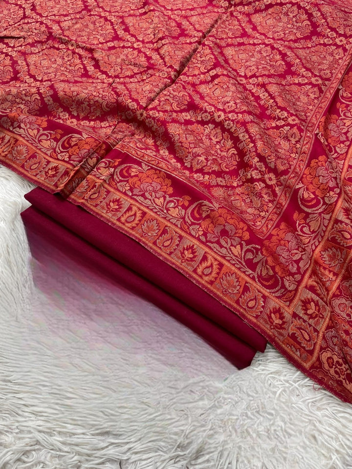 Pashmina 3PC Suit with Kashmiri Embroidered Shawl – Design 37 (Red & Maroon)