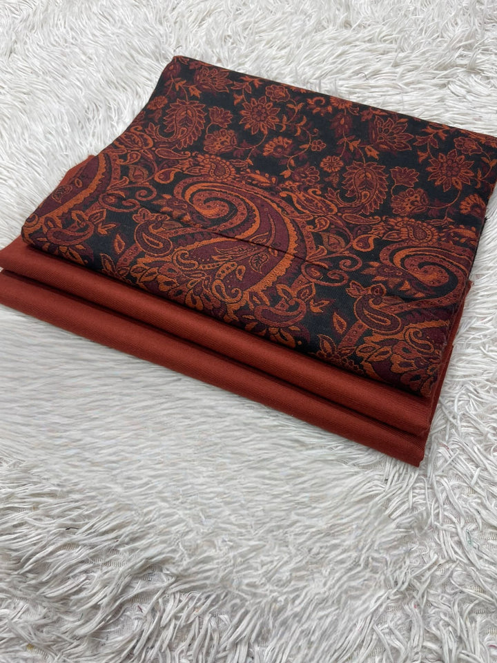 Pashmina 3PC Suit with Kashmiri Embroidered Shawl – Design 38 (Rust Paisley)