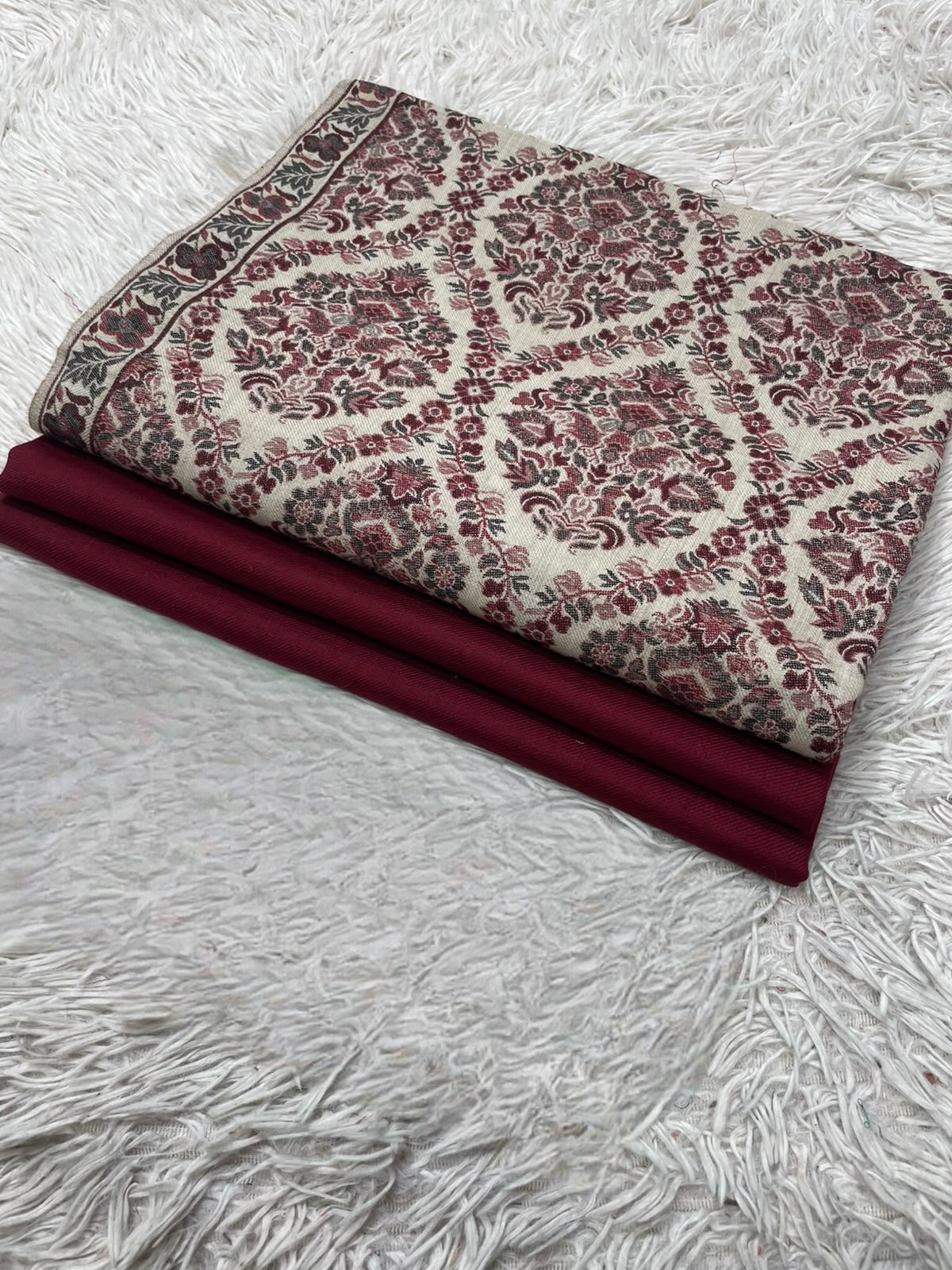 Pashmina 3PC Suit with Kashmiri Embroidered Shawl – Design 41 (Ivory & Maroon Damask)