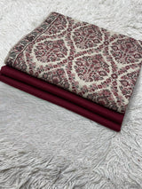 Pashmina 3PC Suit Design 41 Ivory & Maroon Damask
