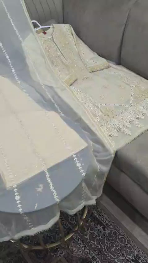 Luxury Chiffon Embroidered 3PC Suit With Boring Work Shirt & Embroidered Palazzo