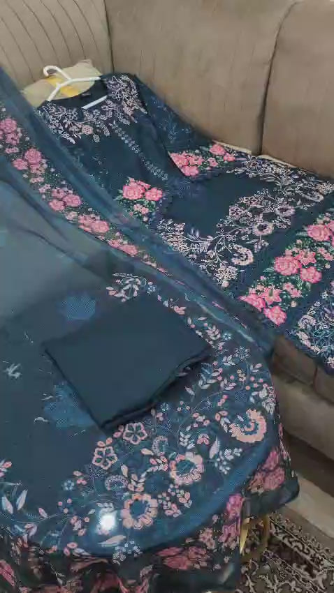 Premium Lawn Boring Work 3PC Suit With Digital Printed Dupatta & Plain Trouser