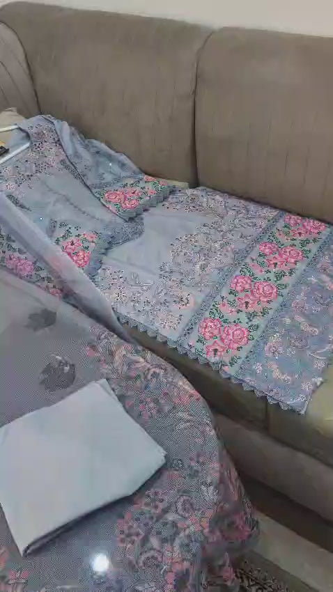 Premium Lawn Boring Work 3PC Suit With Digital Printed Dupatta & Plain Trouser