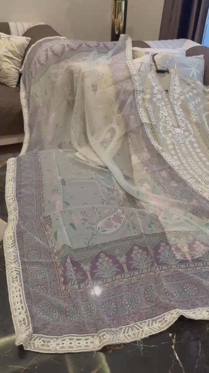 Elegant Chikankari Embroidered Long Shirt 3PC Suit With Shaded Chiffon Dupatta