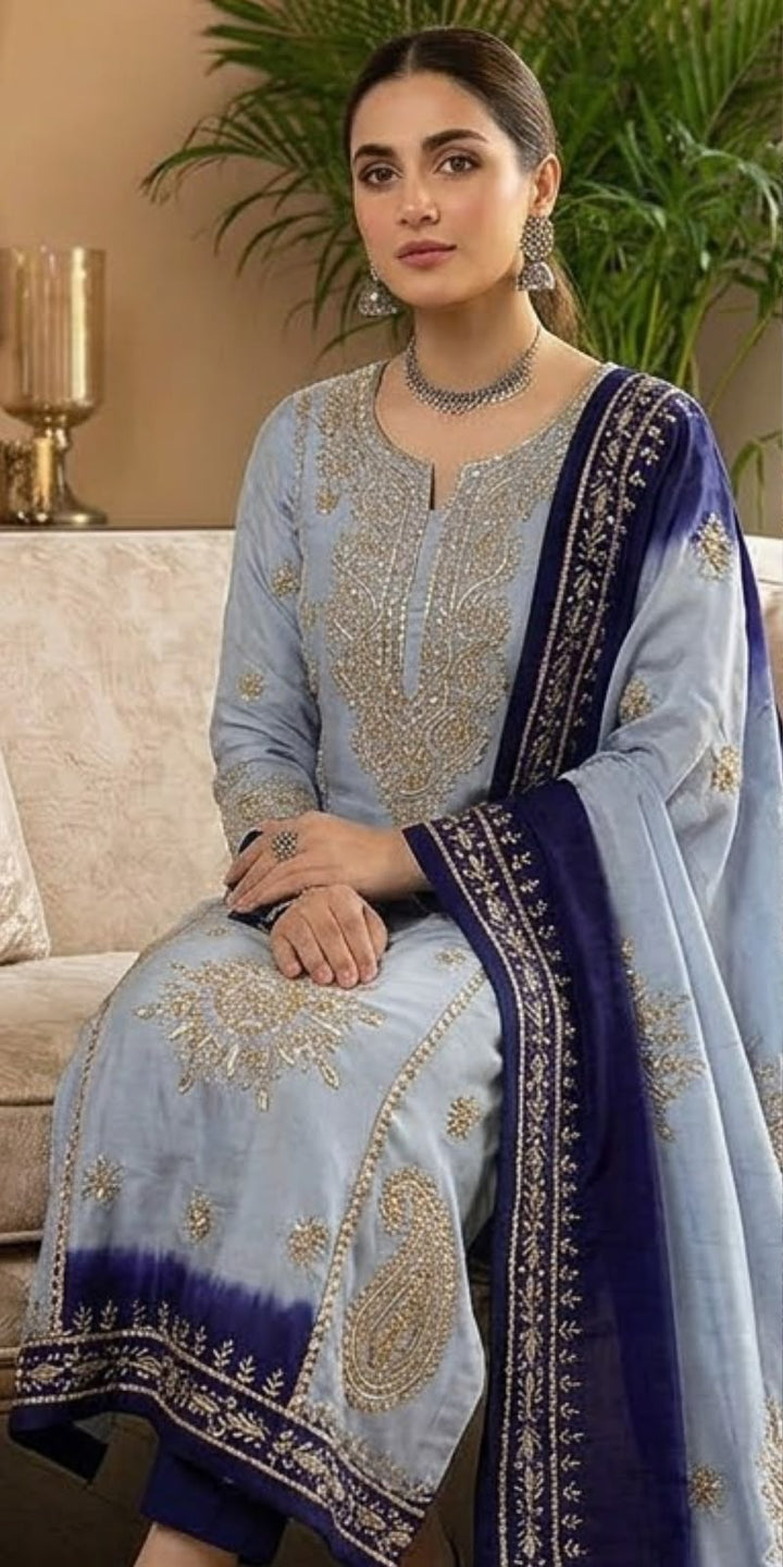Pure Shamoze Silk Dhanak Marori Gota Work Shirt & Dupatta – Ice Blue & Navy