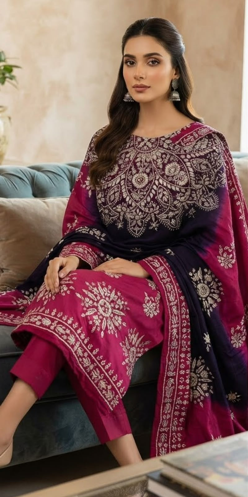 Pure Shamoze Silk Dhanak Marori Gota Work Shirt & Dupatta – Magenta & Navy