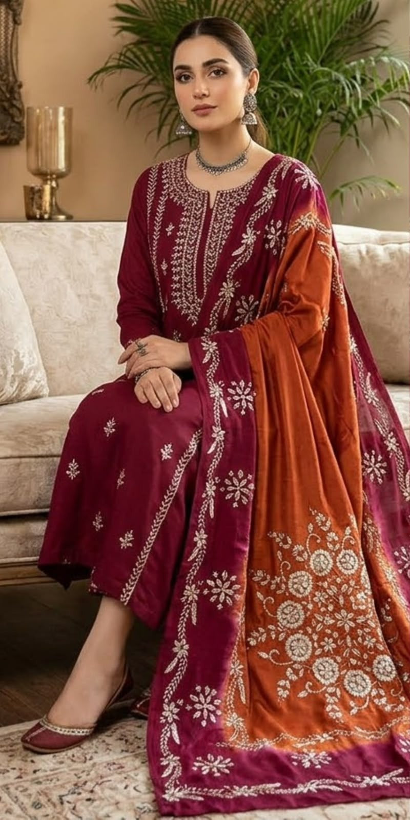 Pure Shamoze Silk Dhanak Marori Gota Work Shirt & Dupatta – Maroon & Orange