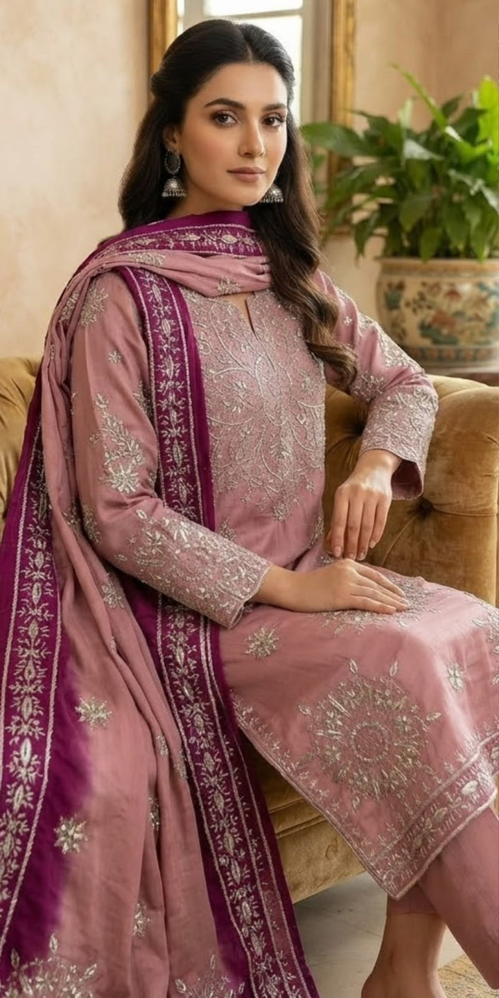 Pure Shamoze Silk Dhanak Marori Gota Work Shirt & Dupatta – Tea Pink & Purple
