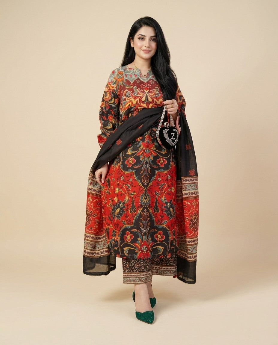 Zahras Printed 3PC – Stitched Slub Khaddar Suit with Apple Silk Dupatta